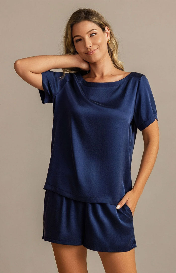 Midnight Drift | Navy Blue Satin Tee & Shorts Set