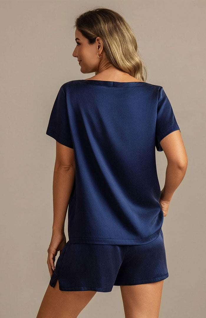 Midnight Drift | Navy Blue Satin Tee & Shorts Set