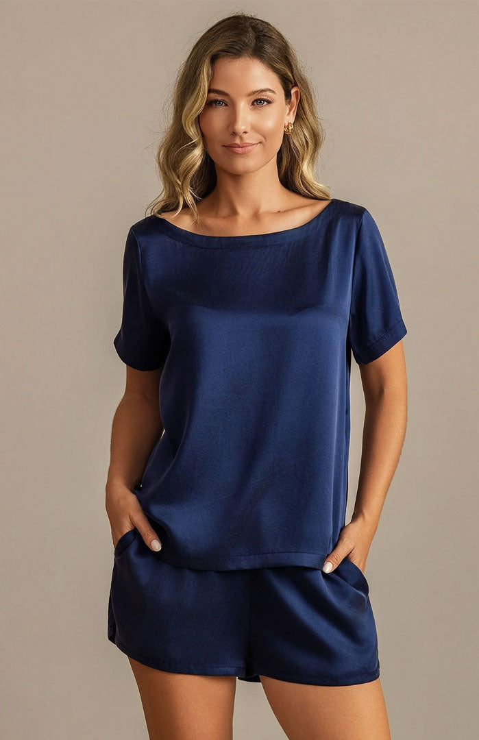 Midnight Drift | Navy Blue Satin Tee & Shorts Set
