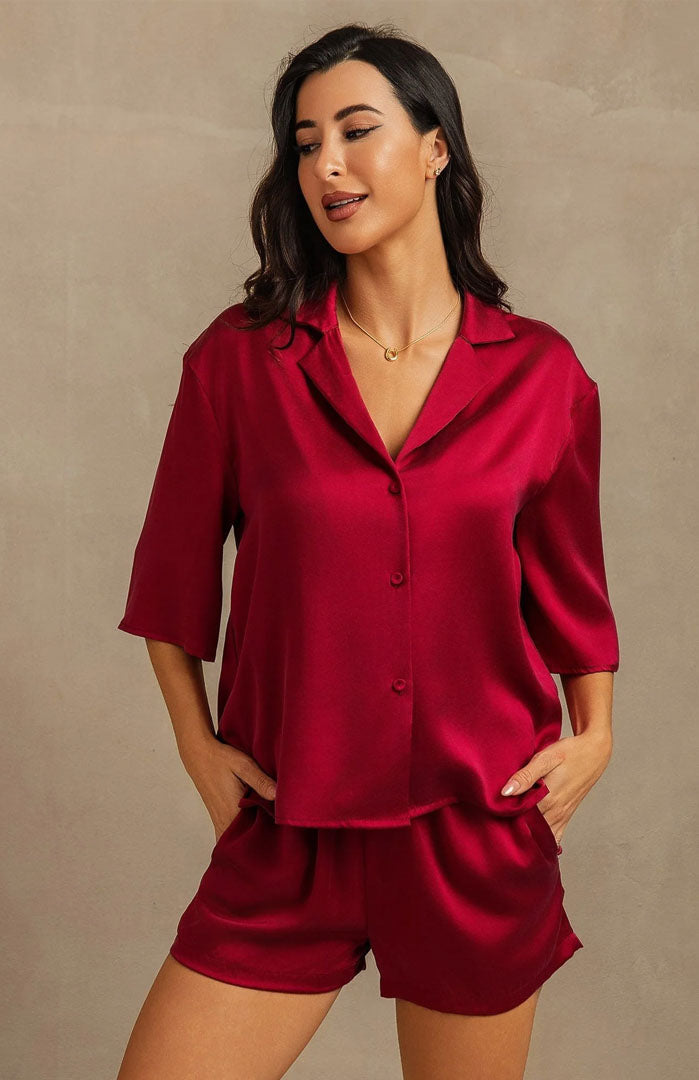 The Ruby Red | Satin Shirt & Shorts Set