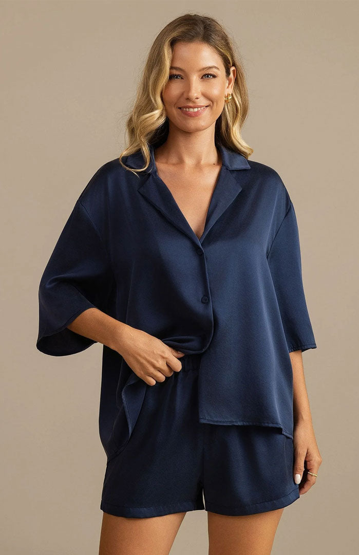 The Midnight Navy | Satin Shirt & Shorts Set