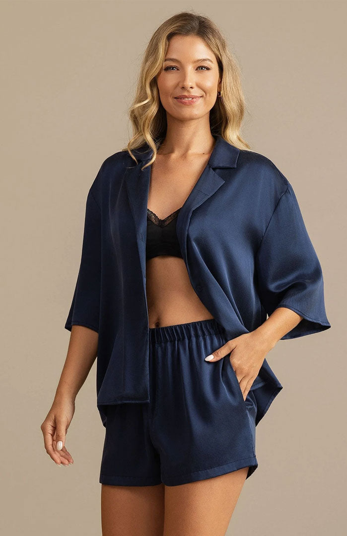 The Midnight Navy | Satin Shirt & Shorts Set