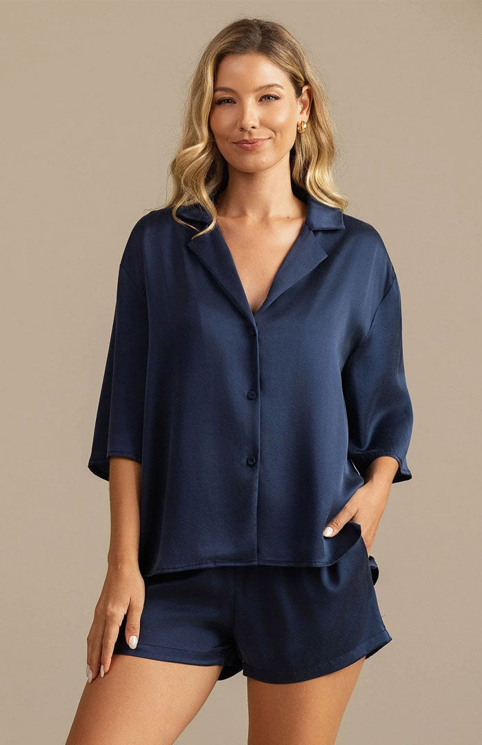 The Midnight Navy | Satin Shirt & Shorts Set