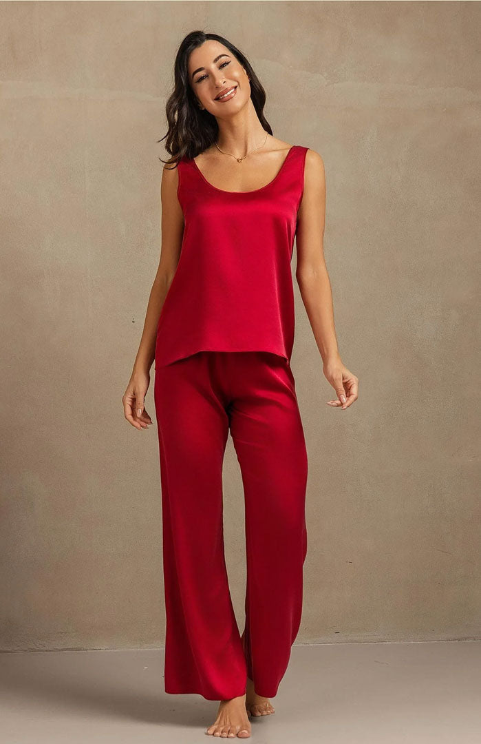 The Scarlet Allure | Red Satin Camisole & Pants Loungewear Set