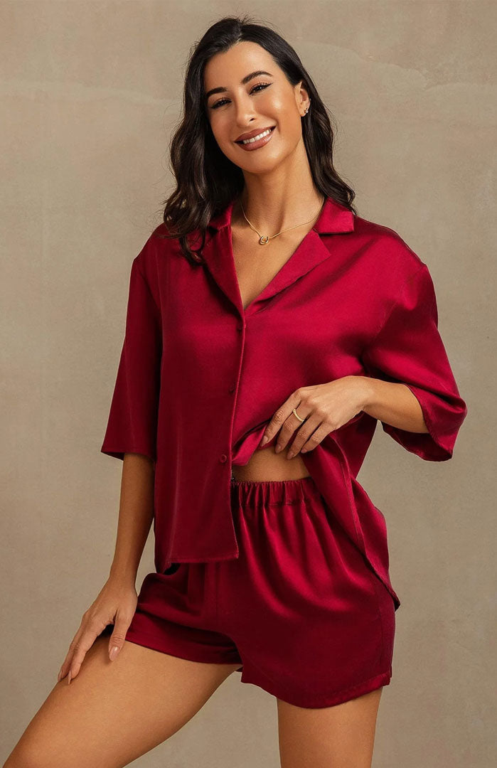 The Ruby Red | Satin Shirt & Shorts Set