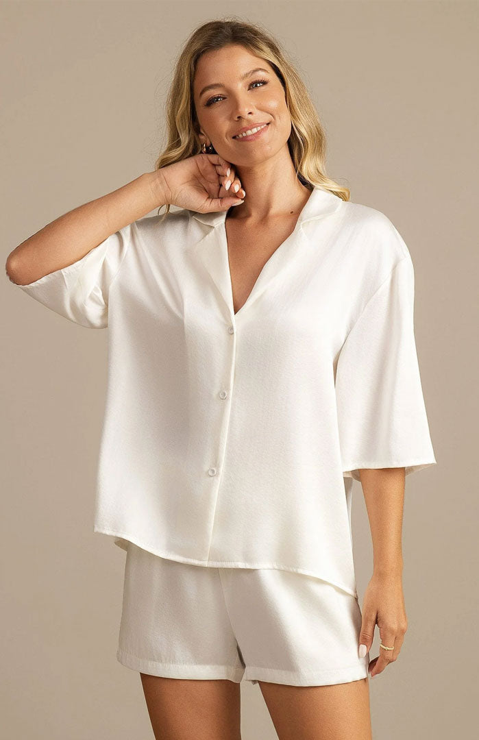 The Pearl White | Satin Shirt & Shorts Set