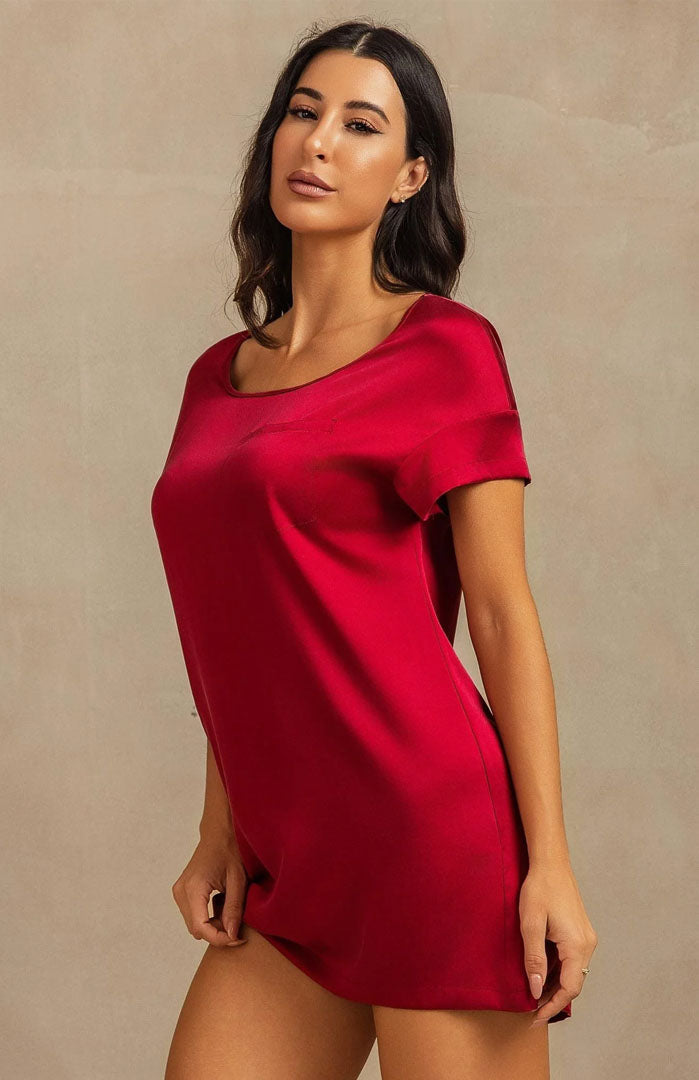 The Crimson Muse Lounge Dress – Luxury Satin Sleepwear