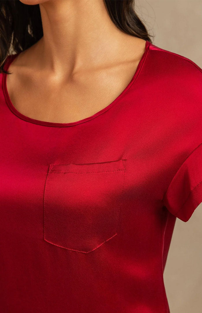 The Crimson Muse Lounge Dress – Luxury Satin Sleepwear