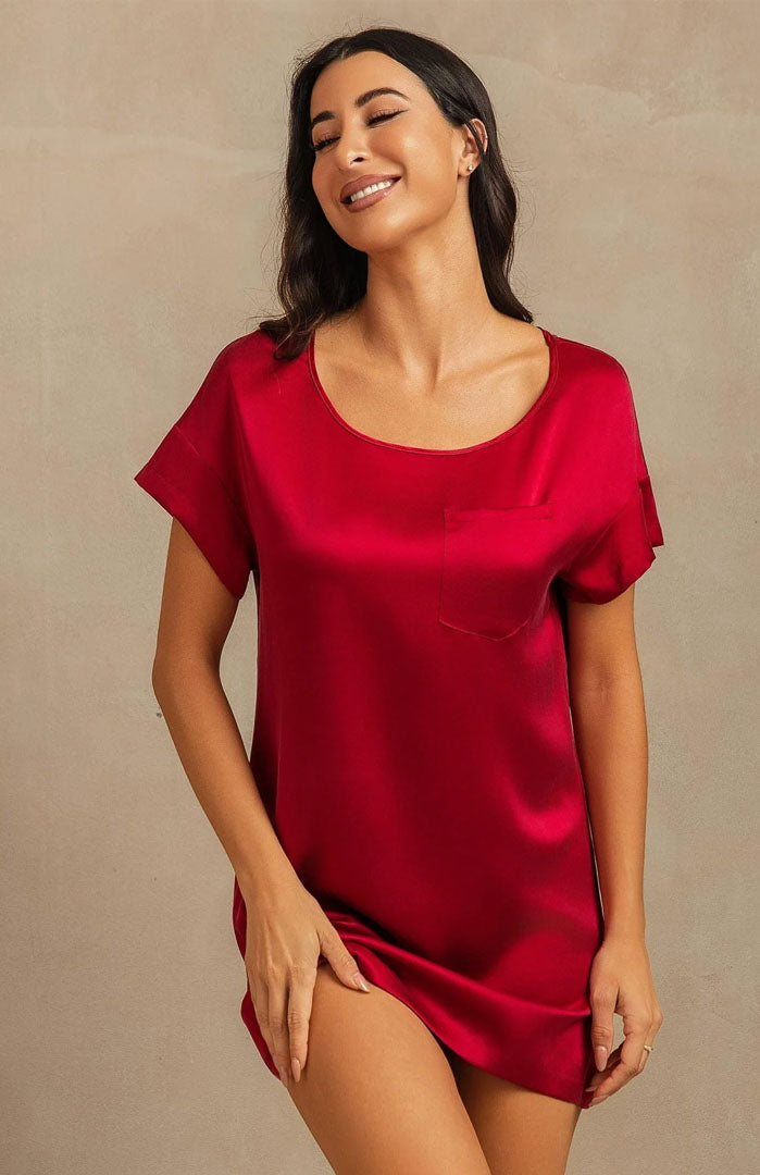 The Crimson Muse Lounge Dress – Luxury Satin Sleepwear