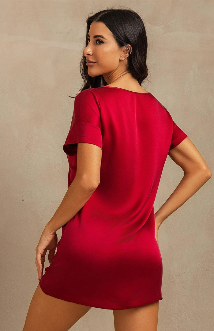 The Crimson Muse Lounge Dress – Luxury Satin Sleepwear