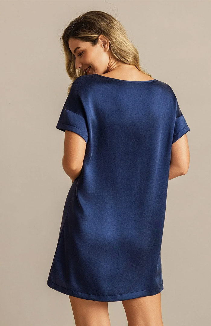 The Navy Noir Lounge Dress – Luxury Satin Sleepwear