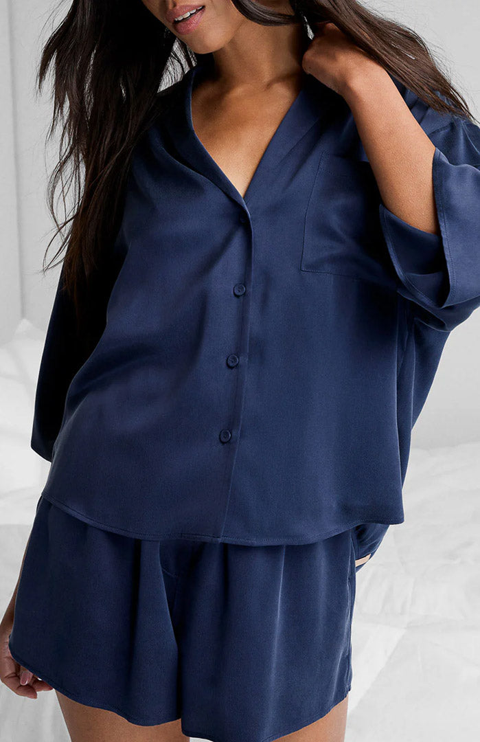 Neeli Nights | Navy Blue Satin Shirt & Shorts Set