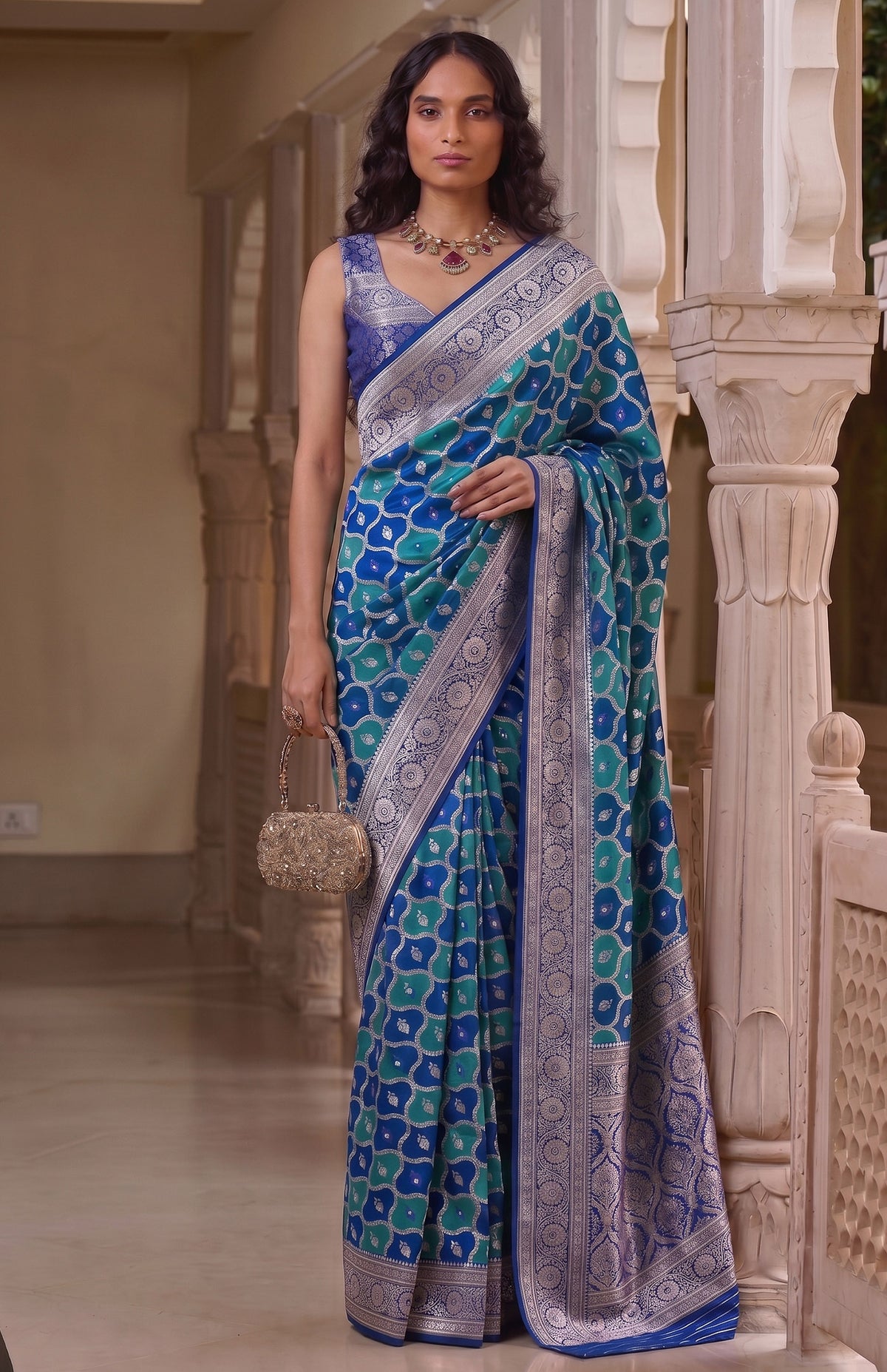 Begum Neelam | Royal Blue & Teal Handwoven Mashru Katan Banarasi Saree
