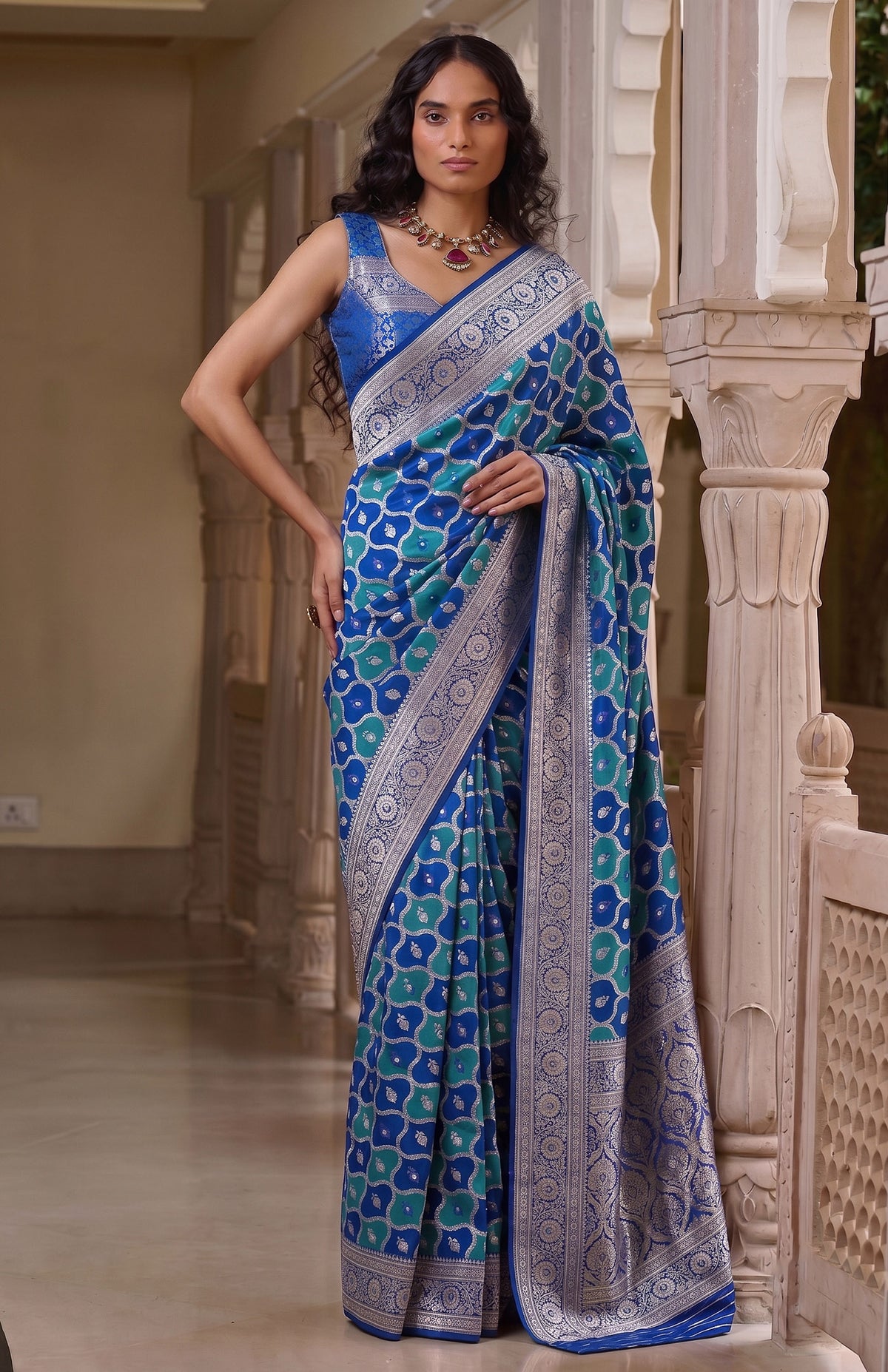 Begum Neelam | Royal Blue & Teal Handwoven Mashru Katan Banarasi Saree