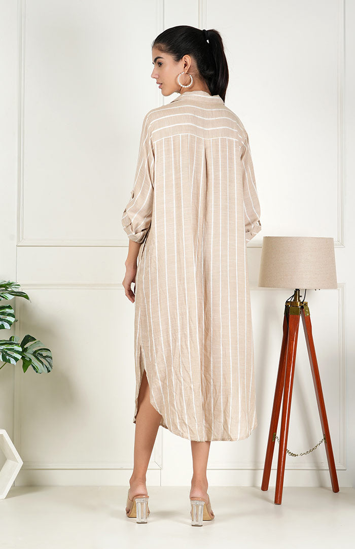 Beige Stripe Long Shirt | Shirt Dress