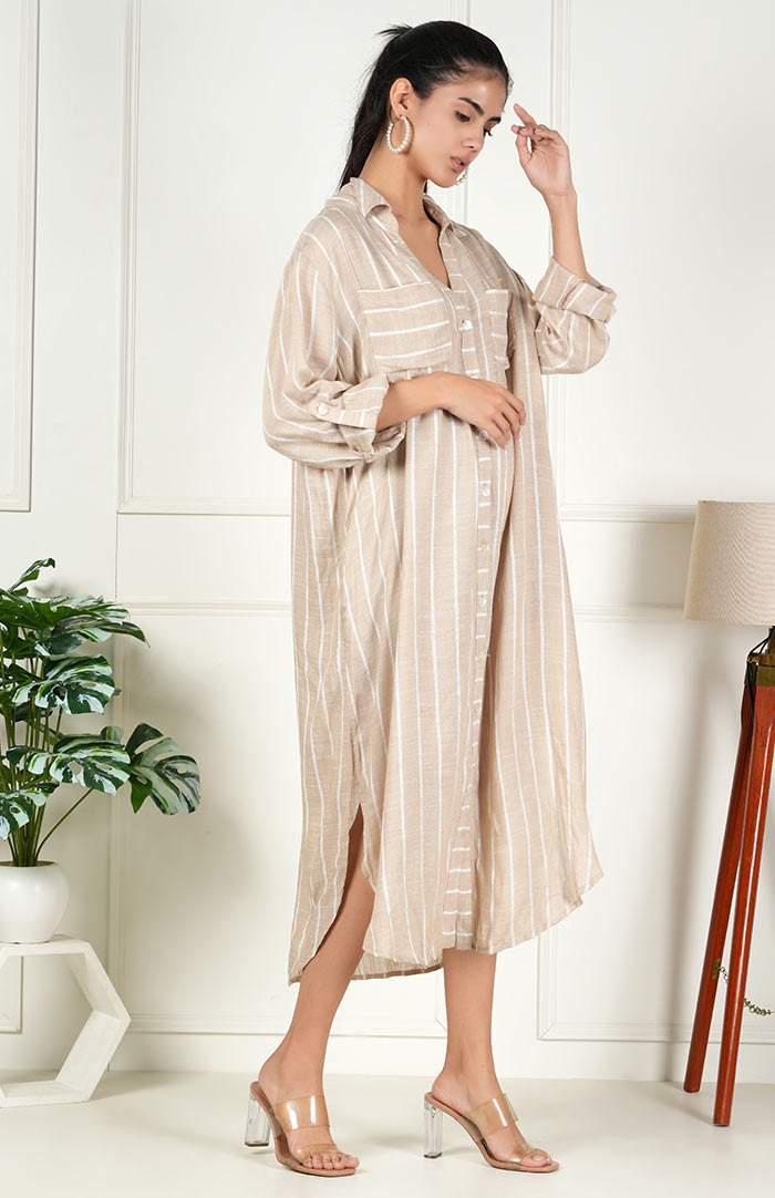 Beige Stripe Long Shirt | Shirt Dress