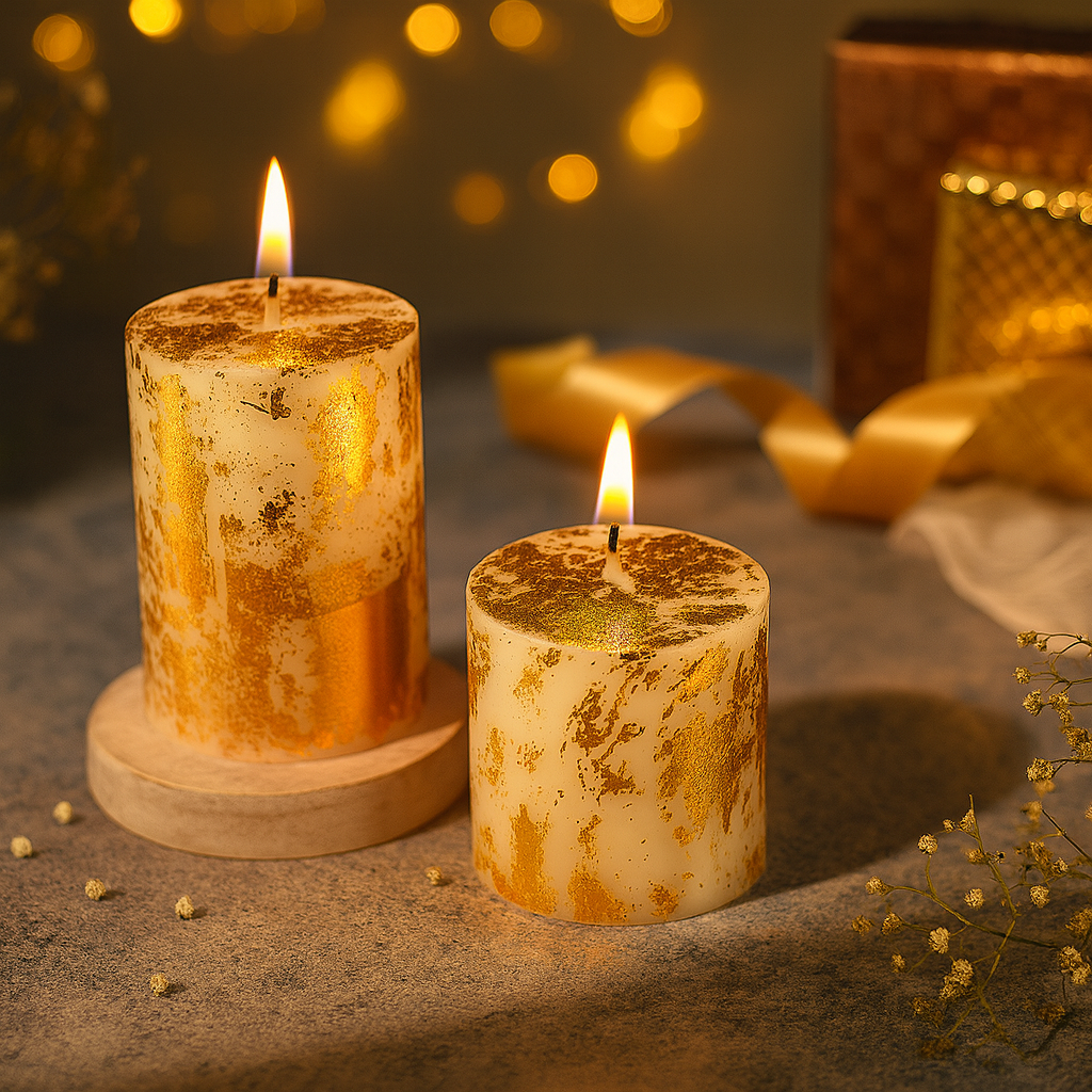 Two lit candles on a wooden surface with blurred lights and flowers in the background - Luxeliv-Golden_Aura_Set_of_2_Decorative_Pillar_Candles_for_Diwali_Festive_D_cor