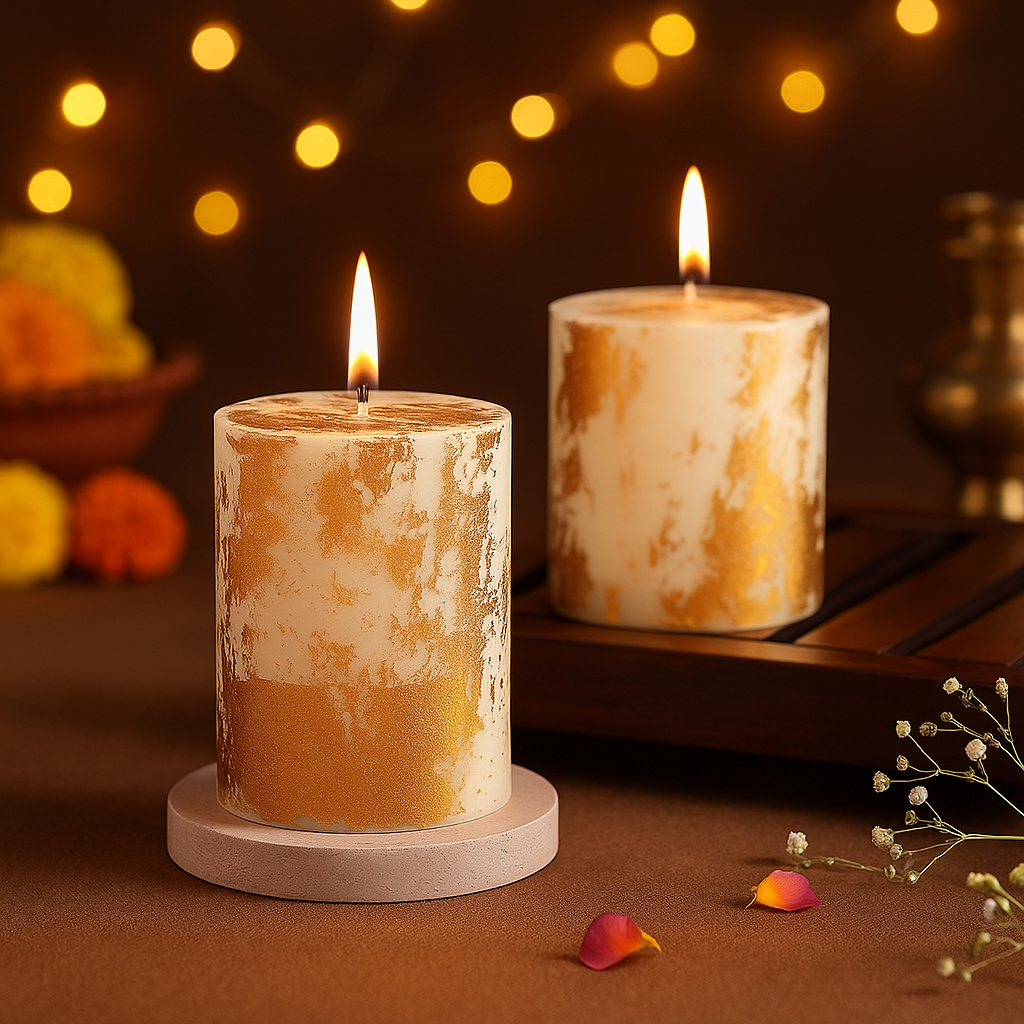Two lit candles on a wooden surface with blurred lights and flowers in the background - Luxeliv-Golden_Aura_Set_of_2_Decorative_Pillar_Candles_for_Diwali_Festive_D_cor