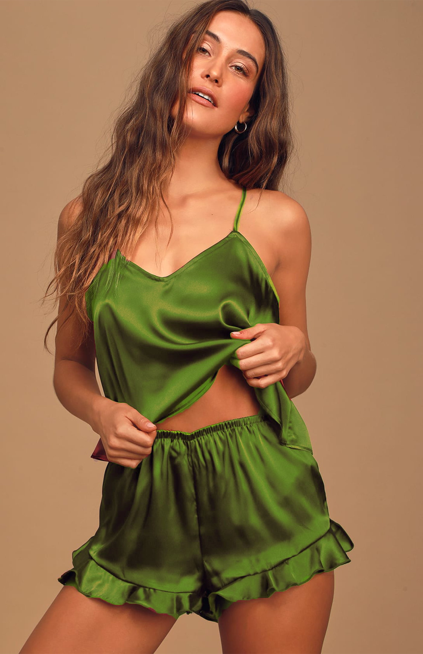 Green Goddess | Satin Camisole & Shorts Set