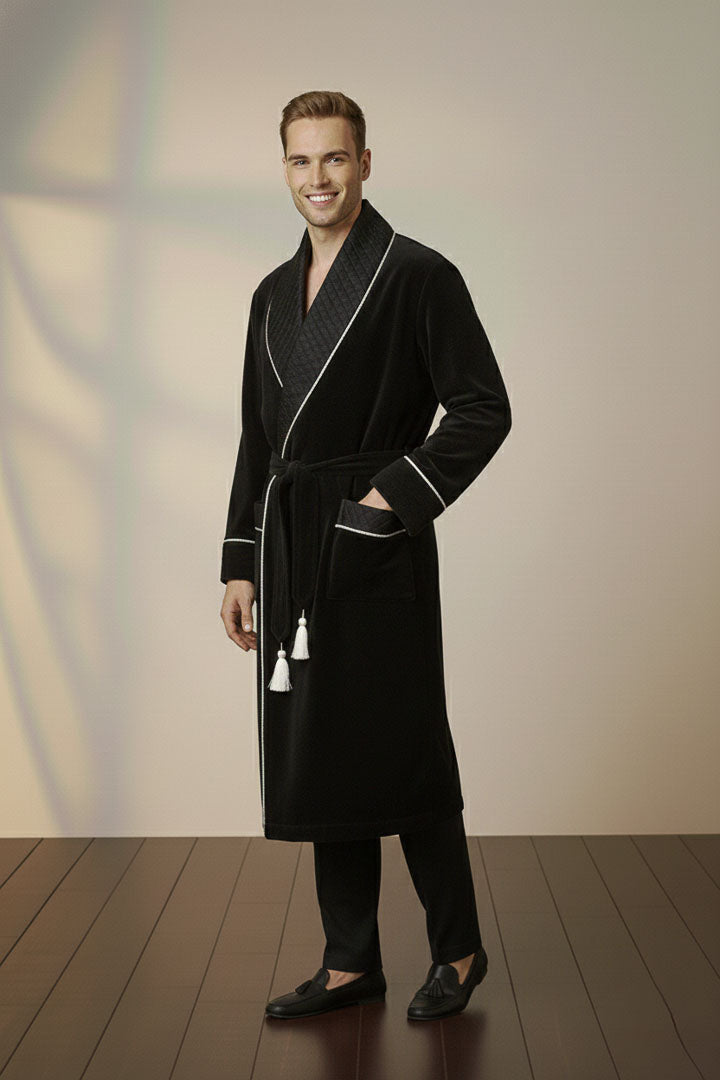 The Capo | Black Quilted Velvet Robe for Men