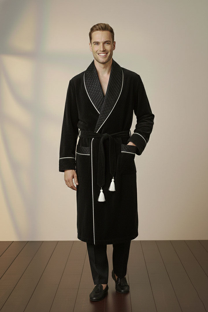 The Capo | Black Quilted Velvet Robe for Men