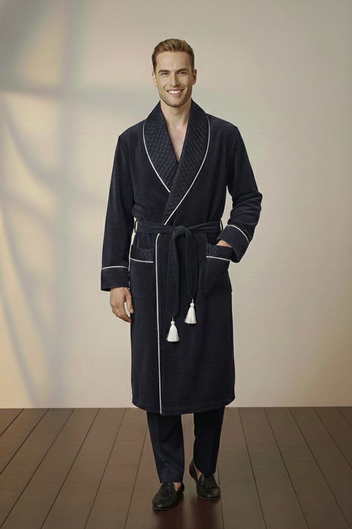 The Statesman | Blue Quilted Velvet Robe for Men