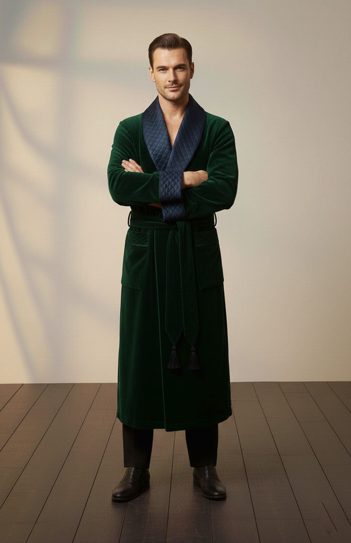 Swiss Green | BlueQuilted Velvet Winter Robe for Men