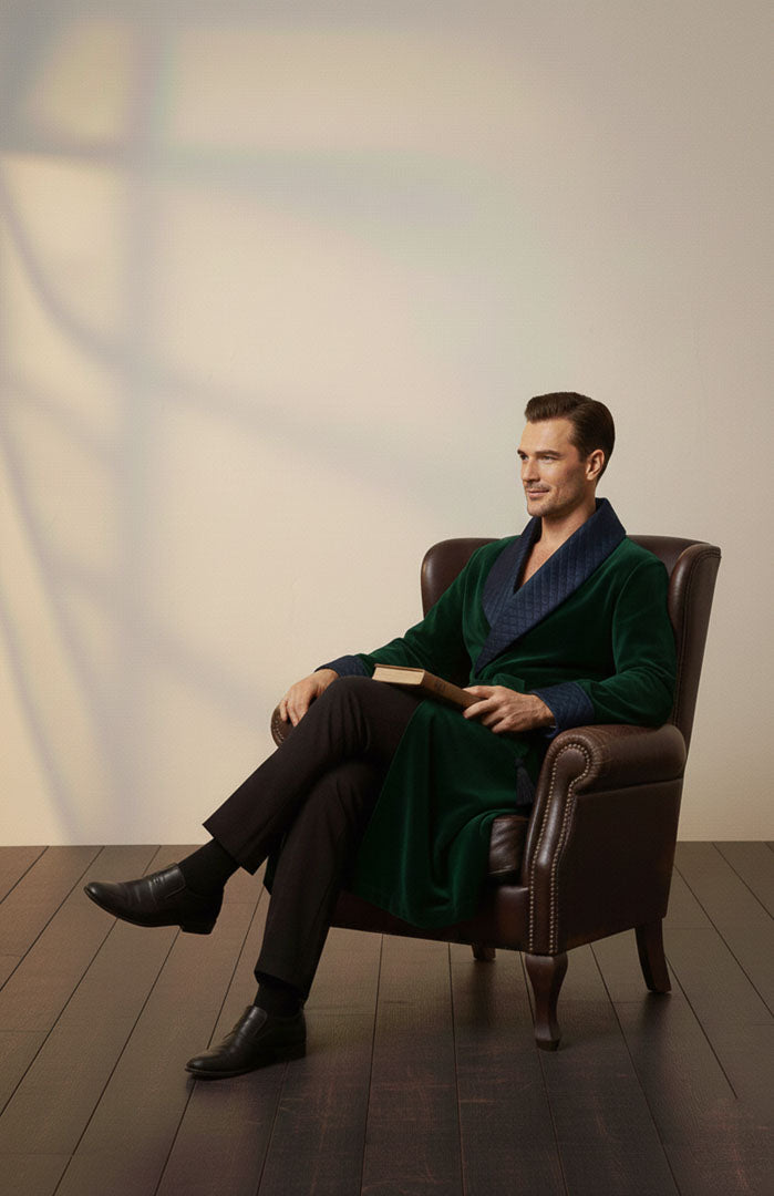 Swiss Green | BlueQuilted Velvet Winter Robe for Men