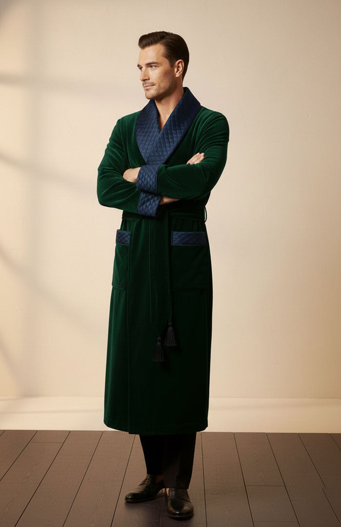 Swiss Green | BlueQuilted Velvet Winter Robe for Men
