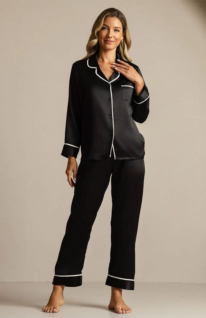 Midnight Classic | Black Satin Button-Down Pajama Set