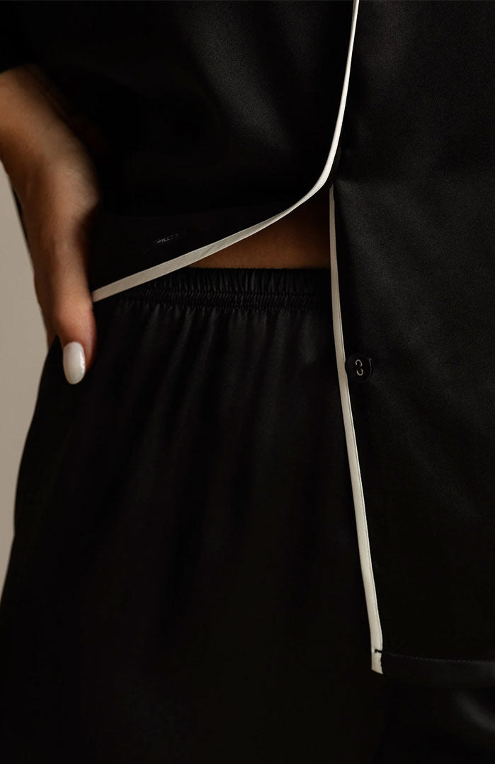 Midnight Classic | Black Satin Button-Down Pajama Set