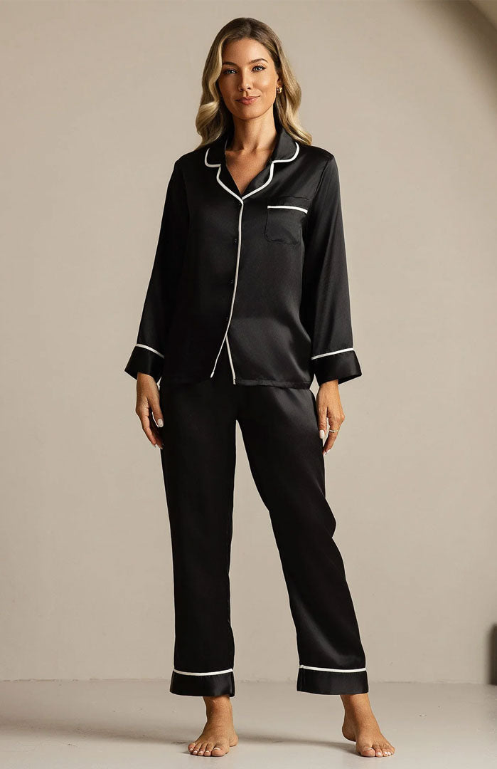 Midnight Classic | Black Satin Button-Down Pajama Set