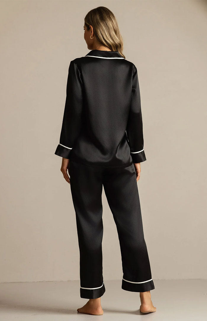 Midnight Classic | Black Satin Button-Down Pajama Set