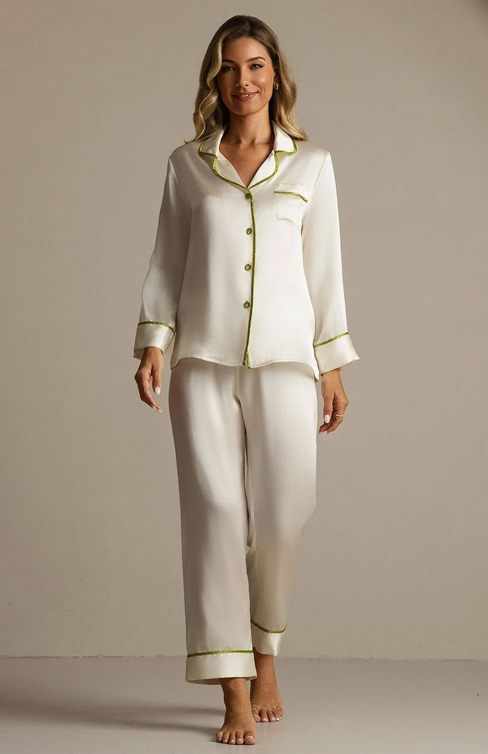 Ivory Fresh | White Satin Pajama Set with Green Piping