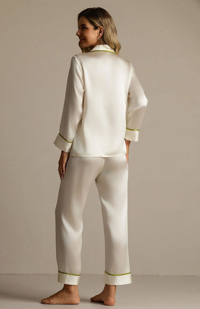 Ivory Fresh | White Satin Pajama Set with Green Piping