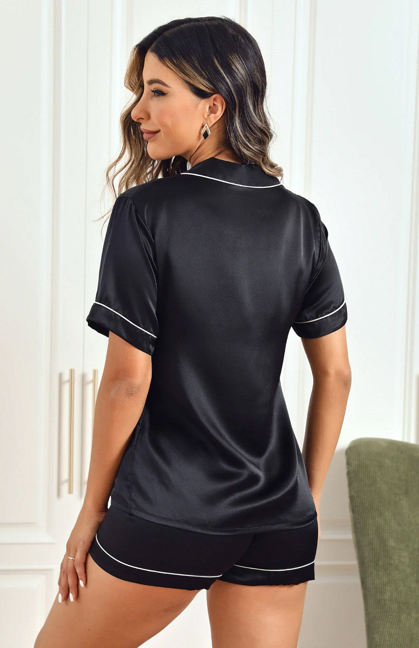 Noir Elegance | Midnight Black Satin Silk Shorts Set