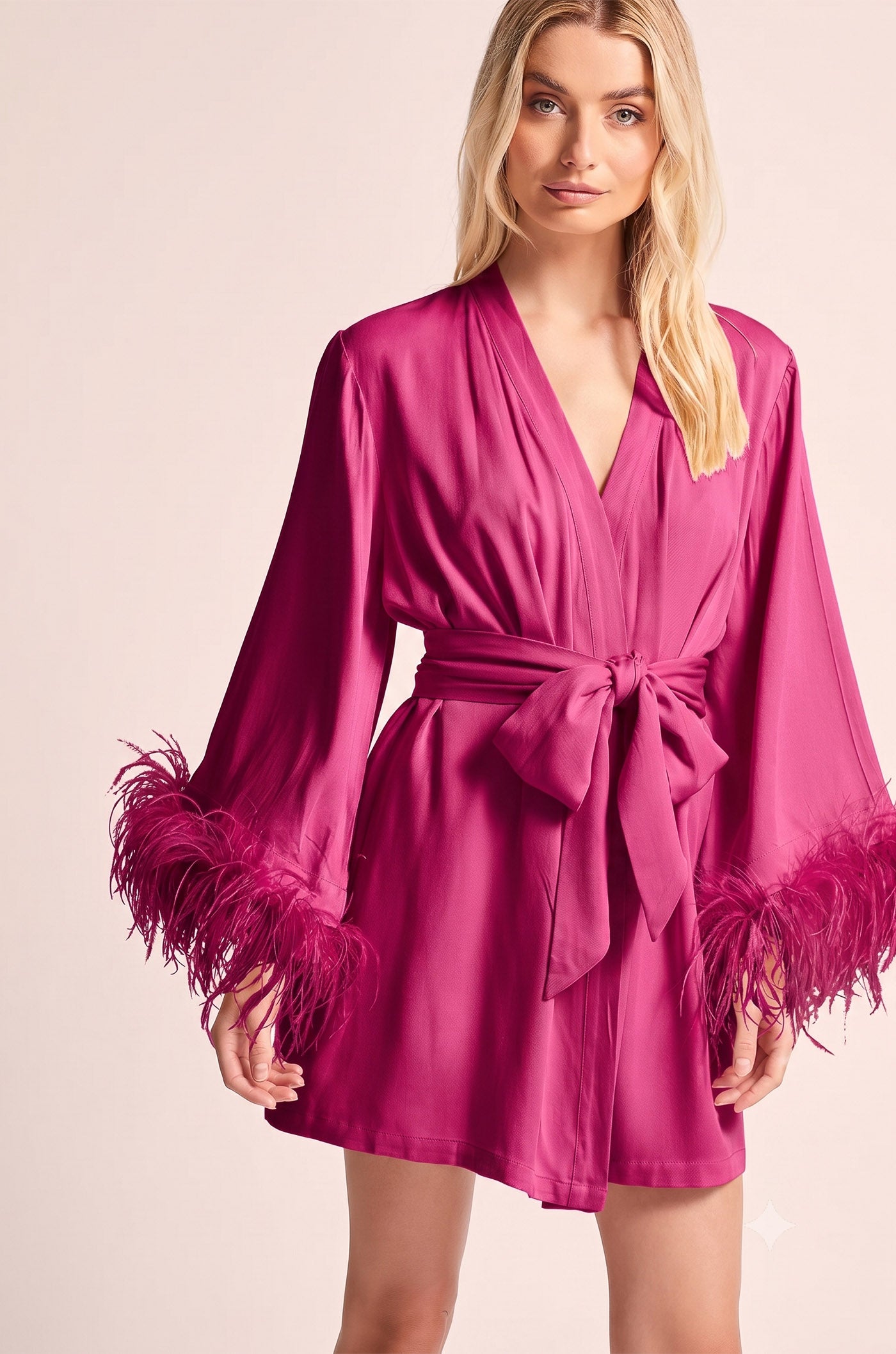 Diva Pink | Indian Bridal Evening Wear – Feather-Trim Satin Robe for Women