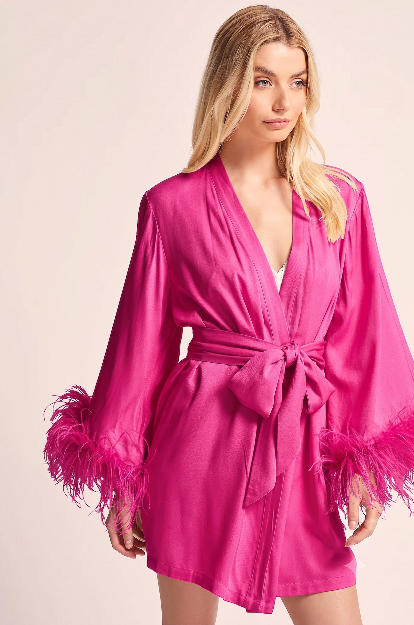 Diva Pink | Indian Bridal Evening Wear – Feather-Trim Satin Robe for Women