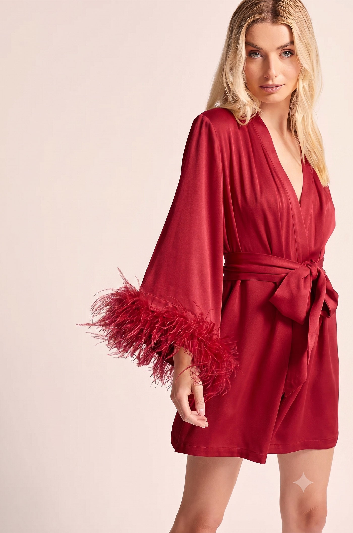 Royal Indian Bridal Evening Wear – Feather-Trim Satin Robe for Women