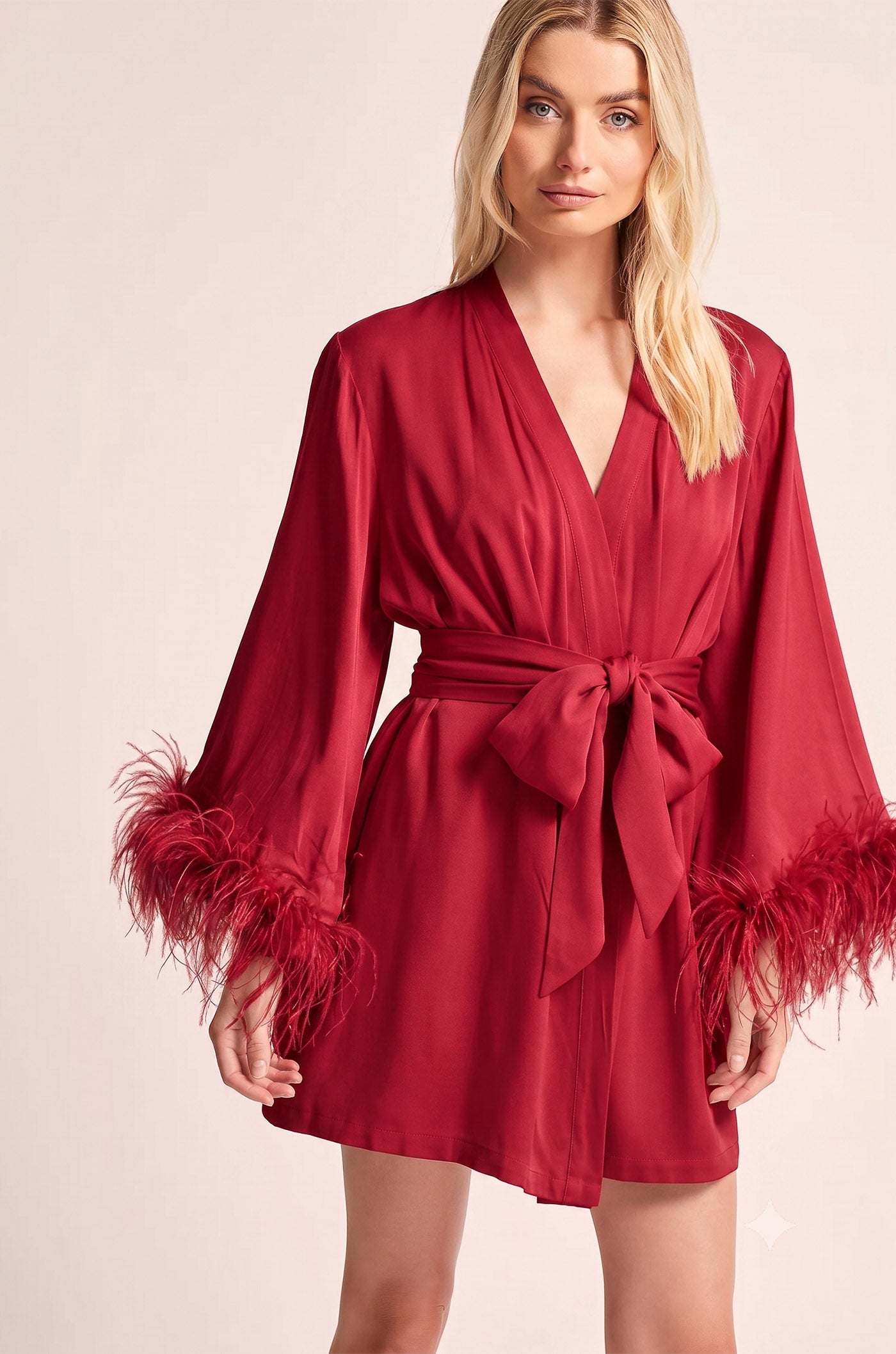 Royal Indian Bridal Evening Wear – Feather-Trim Satin Robe for Women