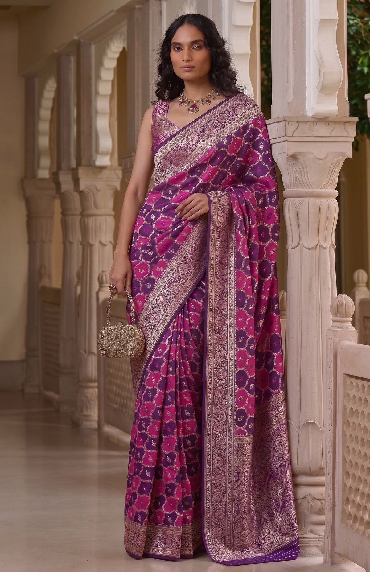 Shahi Gulnaar | Purple & Rani Pink Handwoven Mashru Katan Banarasi Saree