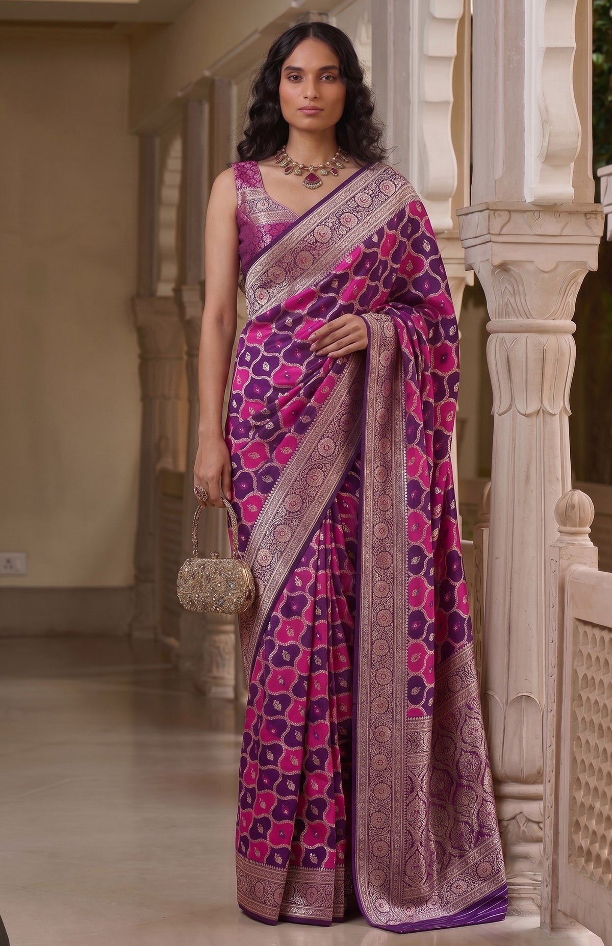Shahi Gulnaar | Purple & Rani Pink Handwoven Mashru Katan Banarasi Saree
