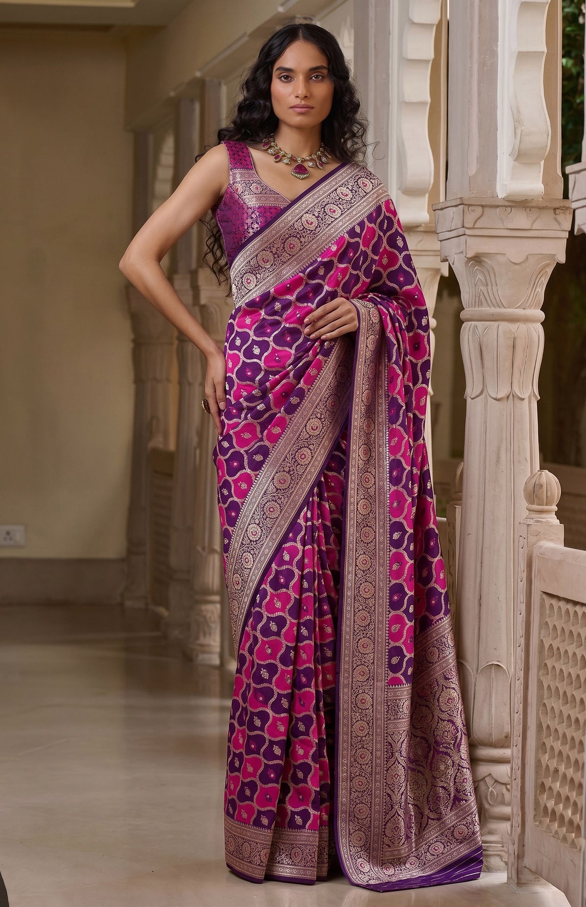 Shahi Gulnaar | Purple & Rani Pink Handwoven Mashru Katan Banarasi Saree