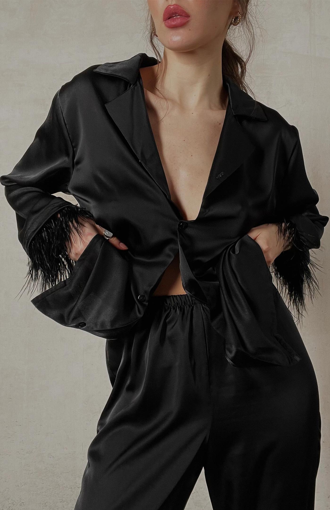 Black Lioness | Fur Satin Loungewear Set Women