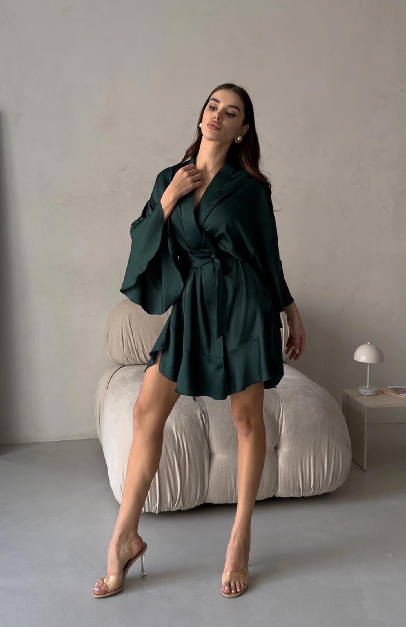 Opulent Emerald Satin Kimono Robe