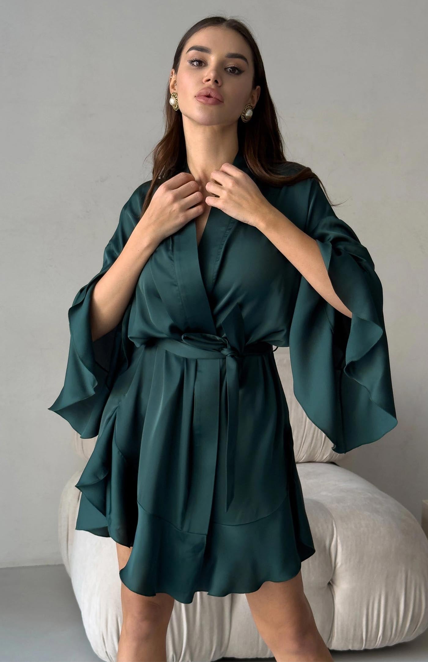 Opulent Emerald Satin Kimono Robe