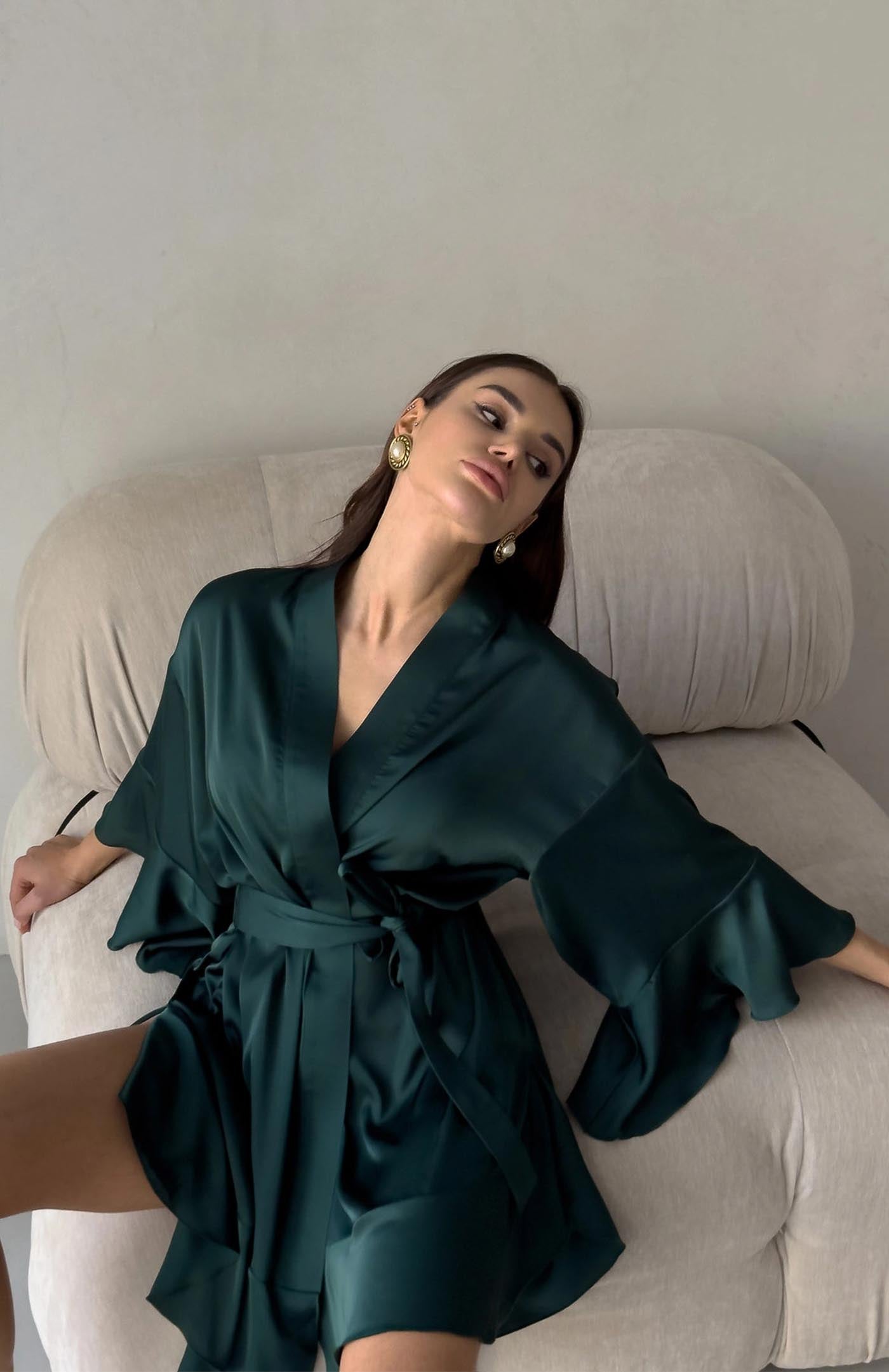 Opulent Emerald Satin Kimono Robe