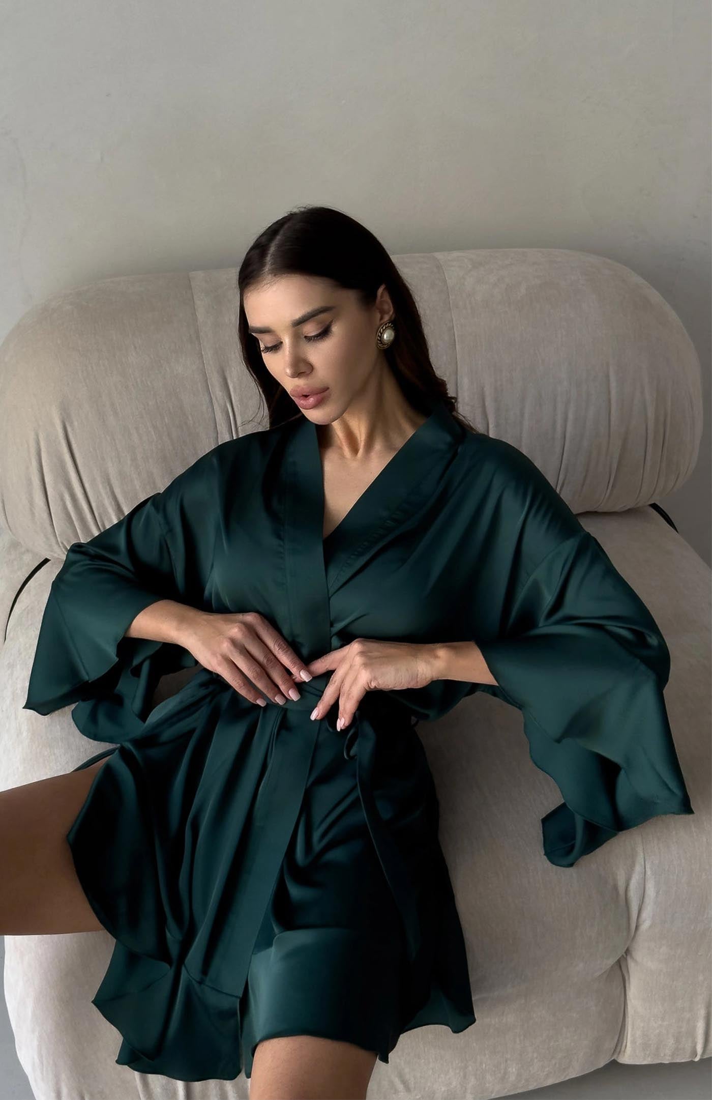 Opulent Emerald Satin Kimono Robe