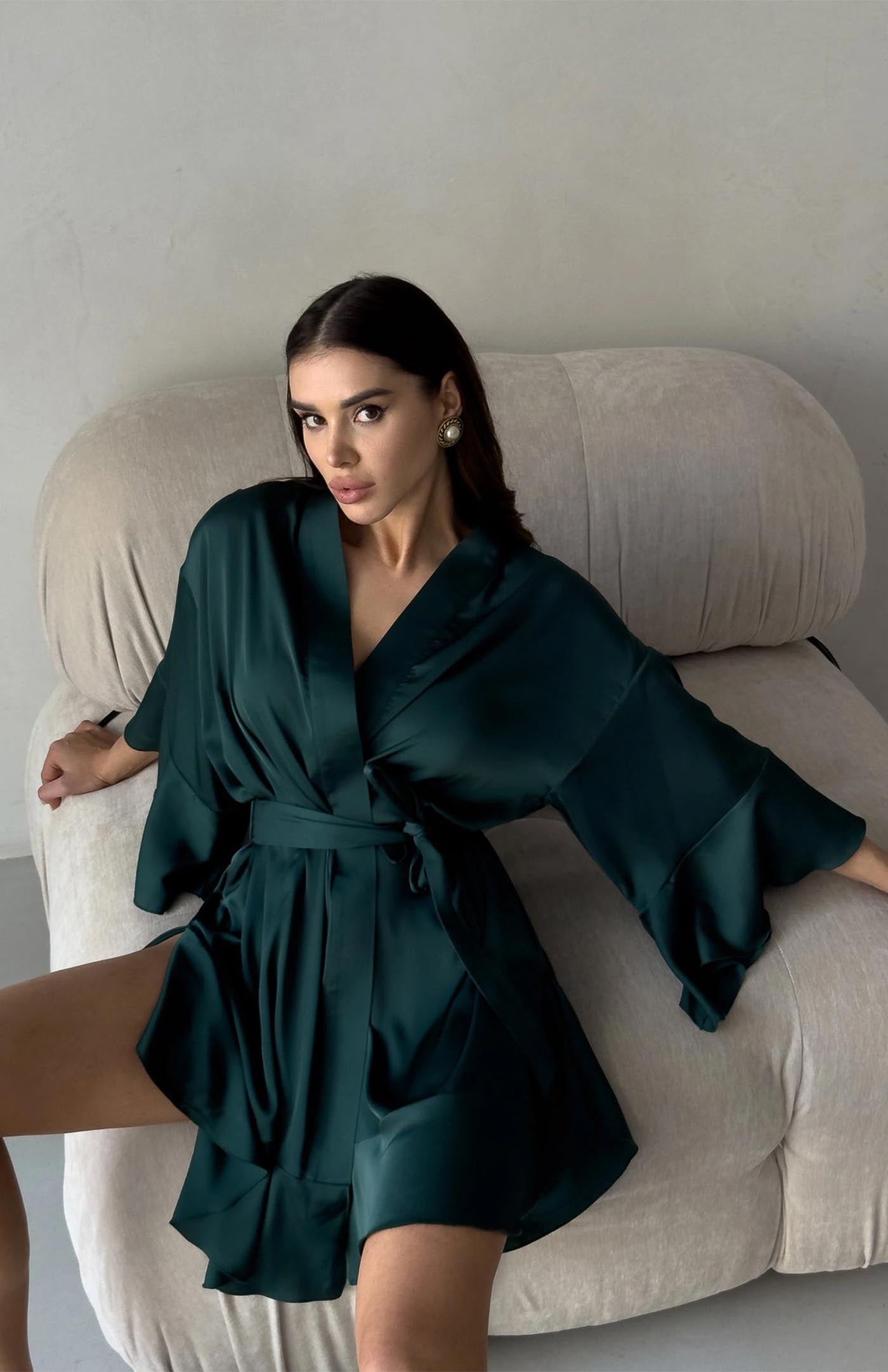 Opulent Emerald Satin Kimono Robe