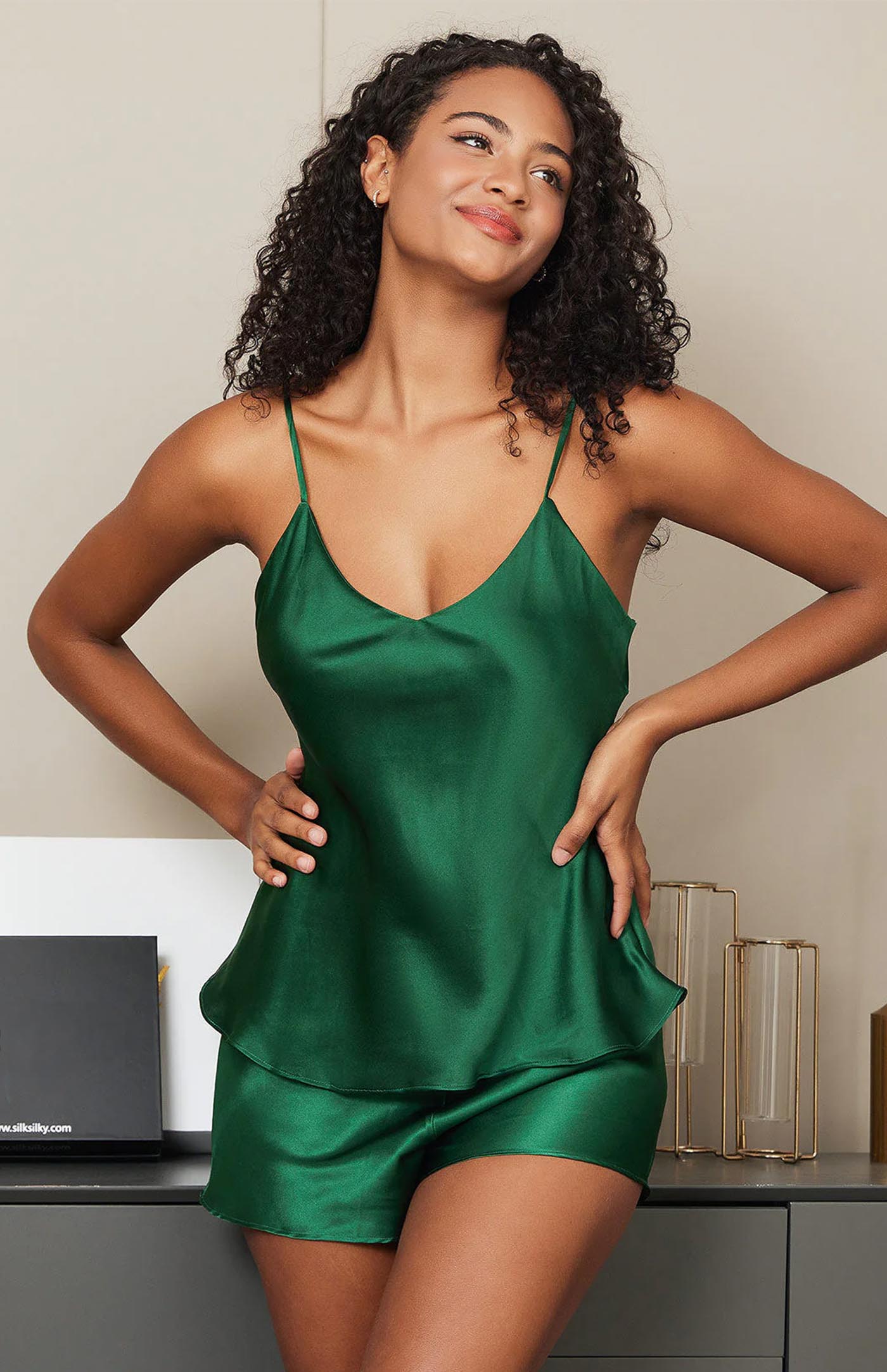 Emerald Kiss | Green Satin Camisole & Shorts Set